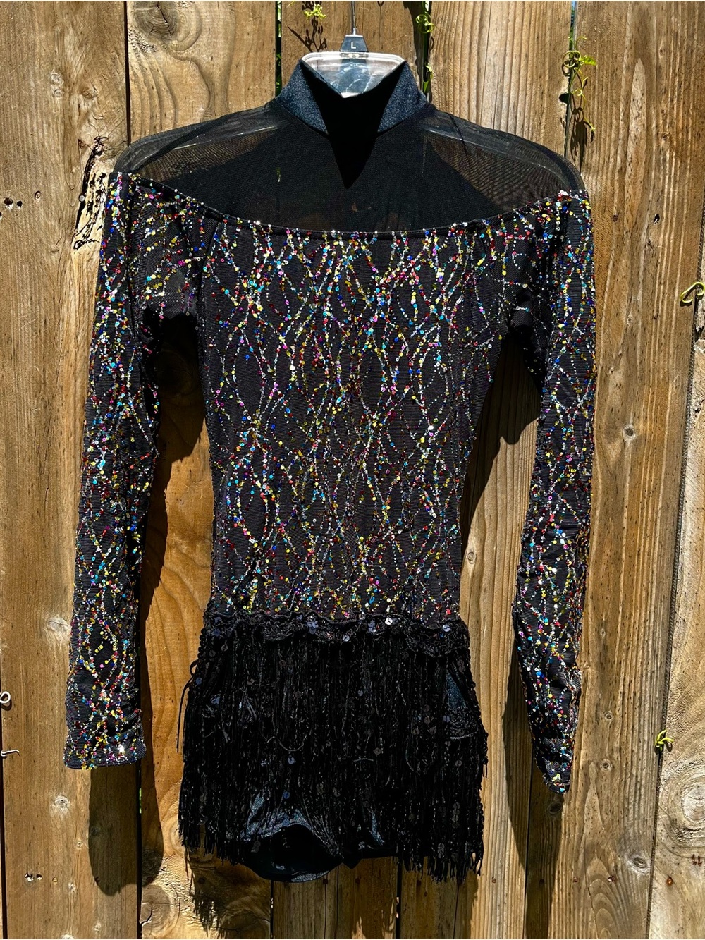 Vintage Fairycore Weissman Black Beaded Rainbow Sequins Fringe Dance Leotard !
